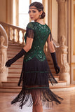 Robe vintage vintage à sequins noirs dorés à franges des années 1920 avec manches courtes