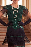 Robe vintage vintage à sequins noirs dorés à franges des années 1920 avec manches courtes