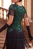 Robe vintage vintage à sequins noirs dorés à franges des années 1920 avec manches courtes