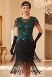 Robe vintage vintage à sequins noirs dorés à franges des années 1920 avec manches courtes