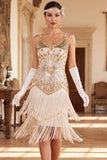 Robe vintage vintage en sequins dorés noirs sans manches des années 1920 avec franges