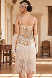 Robe vintage vintage en sequins dorés noirs sans manches des années 1920 avec franges