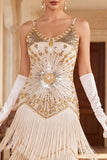 Robe vintage vintage en sequins dorés noirs sans manches des années 1920 avec franges