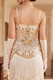 Robe vintage vintage en sequins dorés noirs sans manches des années 1920 avec franges