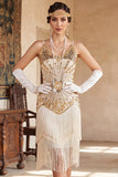 Robe vintage vintage en sequins dorés noirs sans manches des années 1920 avec franges