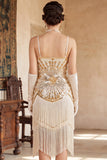 Robe vintage vintage en sequins dorés noirs sans manches des années 1920 avec franges