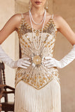 Robe vintage vintage en sequins dorés noirs sans manches des années 1920 avec franges