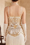 Robe vintage vintage en sequins dorés noirs sans manches des années 1920 avec franges