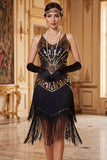 Robe vintage vintage en sequins dorés noirs sans manches des années 1920 avec franges