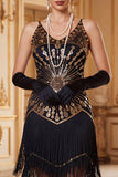 Robe vintage vintage en sequins dorés noirs sans manches des années 1920 avec franges
