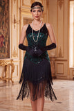 Robe vintage vintage en sequins dorés noirs sans manches des années 1920 avec franges