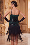 Robe vintage vintage en sequins dorés noirs sans manches des années 1920 avec franges