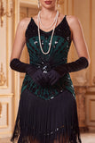 Robe vintage vintage en sequins dorés noirs sans manches des années 1920 avec franges