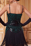 Robe vintage vintage en sequins dorés noirs sans manches des années 1920 avec franges