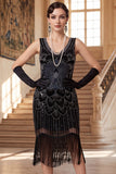 Robe flapper des années 1920 à paillettes noires dorées scintillantes avec col coup coupable