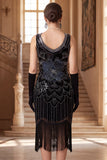 Robe flapper des années 1920 à paillettes noires dorées scintillantes avec col coup coupable