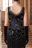 Robe flapper des années 1920 à paillettes noires dorées scintillantes avec col coup coupable