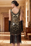 Robe flapper des années 1920 à paillettes noires dorées scintillantes avec col coup coupable