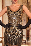 Robe flapper des années 1920 à paillettes noires dorées scintillantes avec col coup coupable