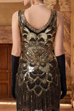 Robe flapper des années 1920 à paillettes noires dorées scintillantes avec col coup coupable
