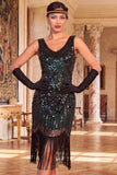 Robe flapper des années 1920 à paillettes noires dorées scintillantes avec col coup coupable