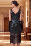 Robe flapper des années 1920 à paillettes noires dorées scintillantes avec col coup coupable