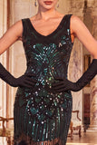 Robe flapper des années 1920 à paillettes noires dorées scintillantes avec col coup coupable
