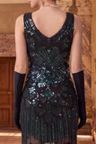 Robe flapper des années 1920 à paillettes noires dorées scintillantes avec col coup coupable