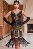 Robe courte moulante des années 1920 en sequins dorés noirs avec franges