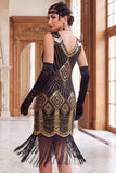 Robe courte moulante des années 1920 en sequins dorés noirs avec franges