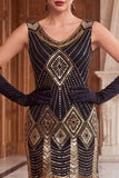 Robe courte moulante des années 1920 en sequins dorés noirs avec franges