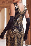 Robe courte moulante des années 1920 en sequins dorés noirs avec franges