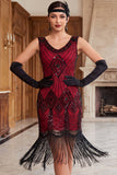Robe courte moulante des années 1920 en sequins dorés noirs avec franges