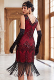 Robe courte moulante des années 1920 en sequins dorés noirs avec franges