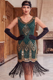 Robe courte moulante des années 1920 en sequins dorés noirs avec franges