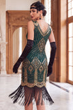 Robe courte moulante des années 1920 en sequins dorés noirs avec franges