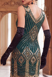 Robe courte moulante des années 1920 en sequins dorés noirs avec franges
