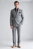 Costume de bal gris deux pièces à double boutonnage et revers pointus pour hommes