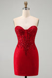 Corset rouge bodycon bretelé perlé à sequins, robe courte de rentrée à la maison avec de dentelle