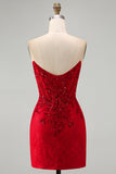 Corset rouge bodycon bretelé perlé à sequins, robe courte de rentrée à la maison avec de dentelle