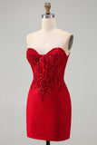 Corset rouge bodycon bretelé perlé à sequins, robe courte de rentrée à la maison avec de dentelle