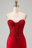 Corset rouge bodycon bretelé perlé à sequins, robe courte de rentrée à la maison avec de dentelle