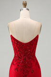 Corset rouge bodycon bretelé perlé à sequins, robe courte de rentrée à la maison avec de dentelle