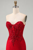 Corset rouge bodycon bretelé perlé à sequins, robe courte de rentrée à la maison avec de dentelle