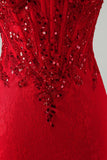 Corset rouge bodycon bretelé perlé à sequins, robe courte de rentrée à la maison avec de dentelle