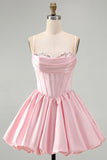 Corset rose ligne A en satin paillettes, robe courte de rentrée à la maison avec ourlet bulle