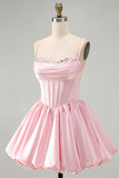 Corset rose ligne A en satin paillettes, robe courte de rentrée à la maison avec ourlet bulle