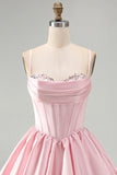Corset rose ligne A en satin paillettes, robe courte de rentrée à la maison avec ourlet bulle