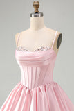 Corset rose ligne A en satin paillettes, robe courte de rentrée à la maison avec ourlet bulle