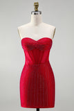 Corset rouge bodycon, robe-courte de bal à perles et bustique à la maison, avec dentelle dans le dos